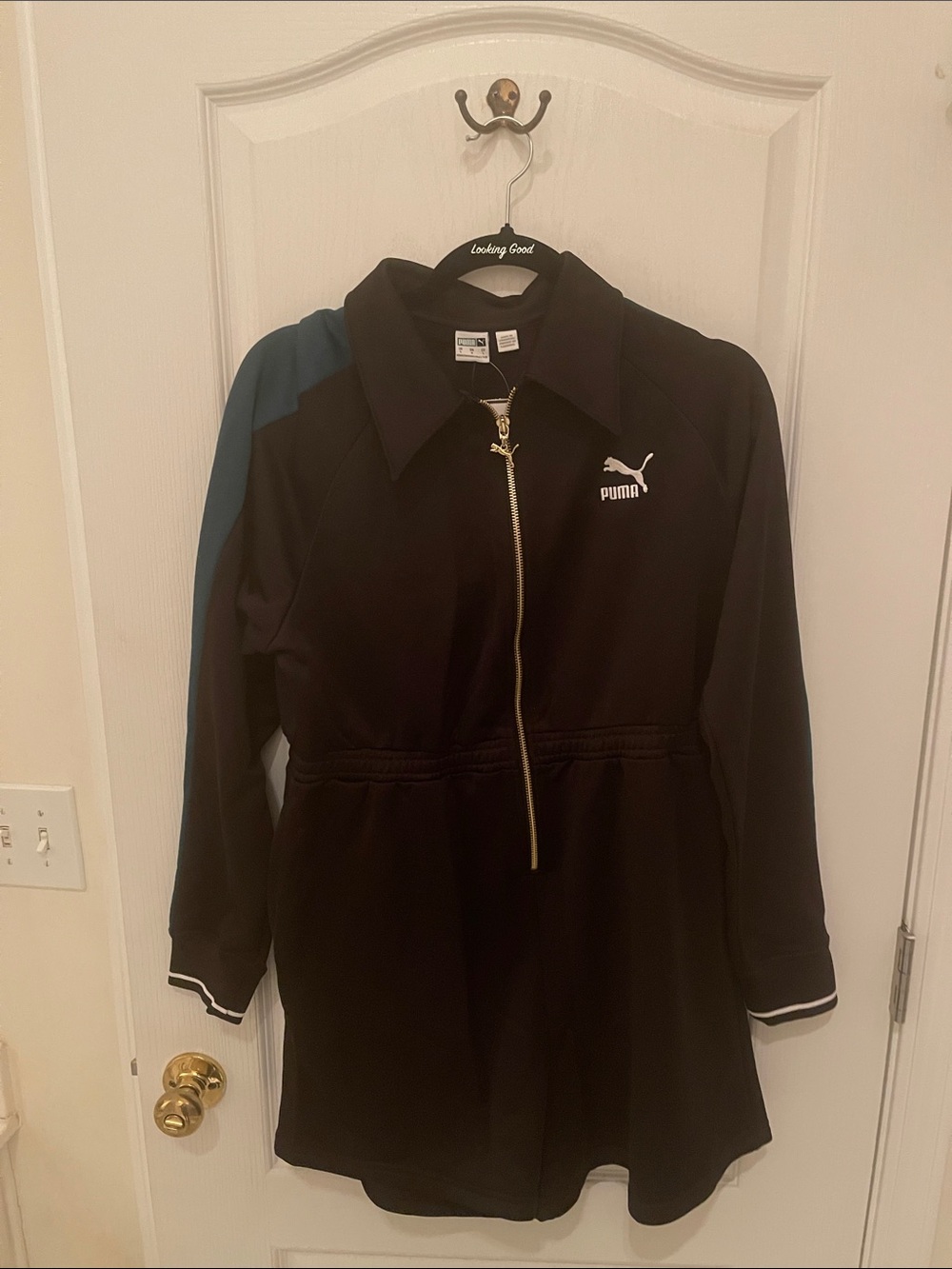 Puma Black Bomber Shorts Jumpsuit with Blue Shoulder Accent